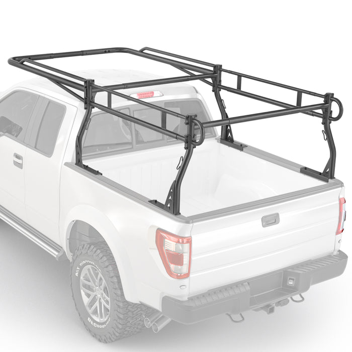 AA-Racks Model X3339 Low-Profile Steel Utility Pick-Up Truck Ladder Rack Compatible with Toolbox with 55'' Side Bar Over Cab Ext. Black