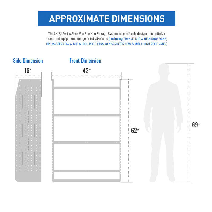 AA Products Model SH-6204(2) Steel Low/Mid/High Roof Van Shelving Storage System Fits Transit, ProMaster and Sprinter, 4 Tiers Set of 2 Van Shelving Units, 42''W x 62''H x 16''D