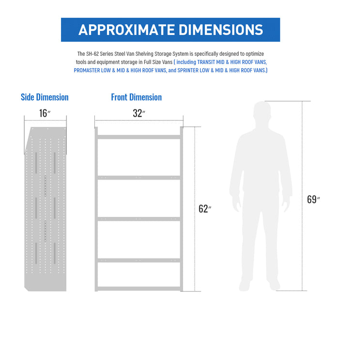 AA Products Model SH-6203 Steel Mid/High Roof Van Shelving Storage System Fits Transit, ProMaster and Sprinter, 4 Tiers Van Shelving Units, 32''W x 62''H x 16''D (SH-6203)