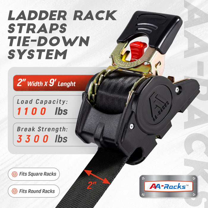 AA-Racks Heavy Duty Retractable Ratchet Strap 3300lbs Break Strength, Tie Down Straps for Securing Cargo, Truck Rack Ratchet Strap Kit with S-Hooks (Set of 2, 2" x 9')