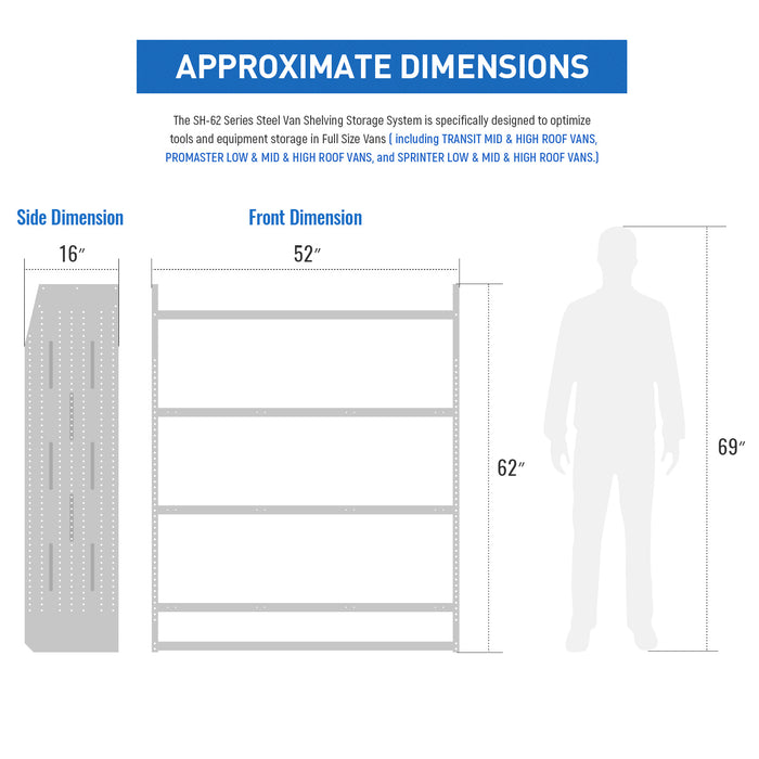 AA Products Model SH-6205(2) Steel Low/Mid/High Roof Van Shelving Storage System Fits Transit, ProMaster and Sprinter, 4 Tiers Set of 2 Van Shelving Units, 52''W x 62''H x 16''D