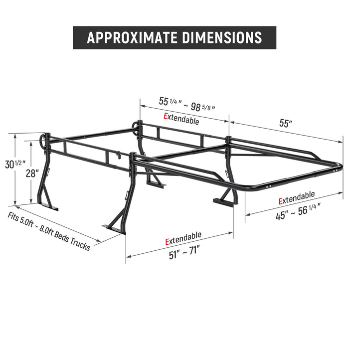 AA-Racks Model RX39-LC Truck Bed Ladder Rack Quick-Open Rotatable Rear Bar Side Bar with Long Cab Ext(RX39-LC)