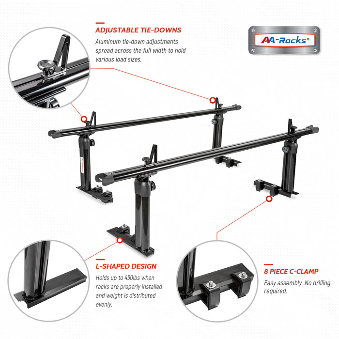 AA-Racks  75" Full-Size Pickup Truck Ladder Racks Low-Profile Height-Adjustable Utility Aluminum Truck Bed Rack with Load Stops-Black(APX2501-BLK) - AA Products Inc