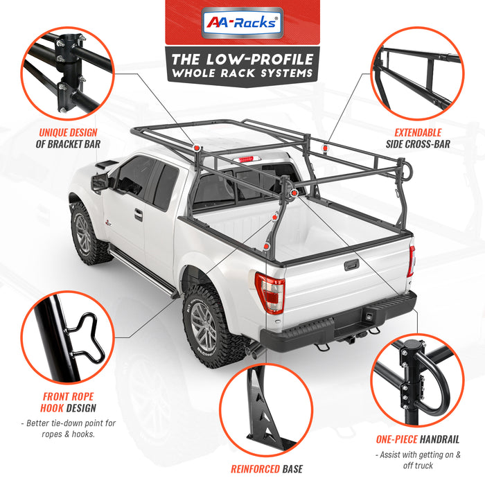 AA-Racks Model X3339 Low-Profile Steel Utility Pick-Up Truck Ladder Rack Compatible with Toolbox with 55'' Side Bar Over Cab Ext. Black