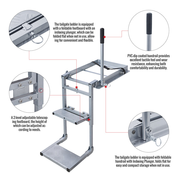 AA Products Aluminum Foldable Tailgate Ladder Rack with Two Step Pad Rung Retractable Truck Tailgate Step with Stable Handrail, Wide Pedals for Work Flatbed Trucks and Equipment Trailers Easy Install Capacity 300 lb (APT-03)