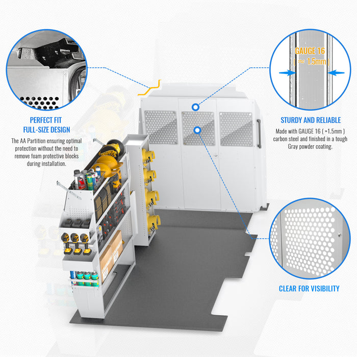 AA Products Model PT-TR-MR-WB Cargo Van Safety Partition Equipped with Acrylic Custom Window Board, Medium Roof Protective Bulkhead Fit for Transit Full Size Vans (PT-TR-MR-WB)