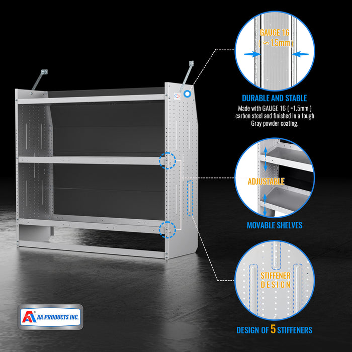 AA Products Model SH-4605-T3(2) Steel Low/Mid/High Roof Van Shelving Storage System Fits Transit, GM, NV, Promaster, Sprinter and Metris, Set of 2 Contoured Shelving Unit, 52" W x 46" H x 16" D