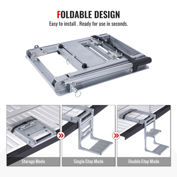 AA Products Aluminum Foldable Tailgate Ladder Rack with Two Step Pad Rung Retractable Truck Tailgate Step with Stable Handrail, Wide Pedals for Work Flatbed Trucks and Equipment Trailers Easy Install Capacity 300 lb (APT-03)