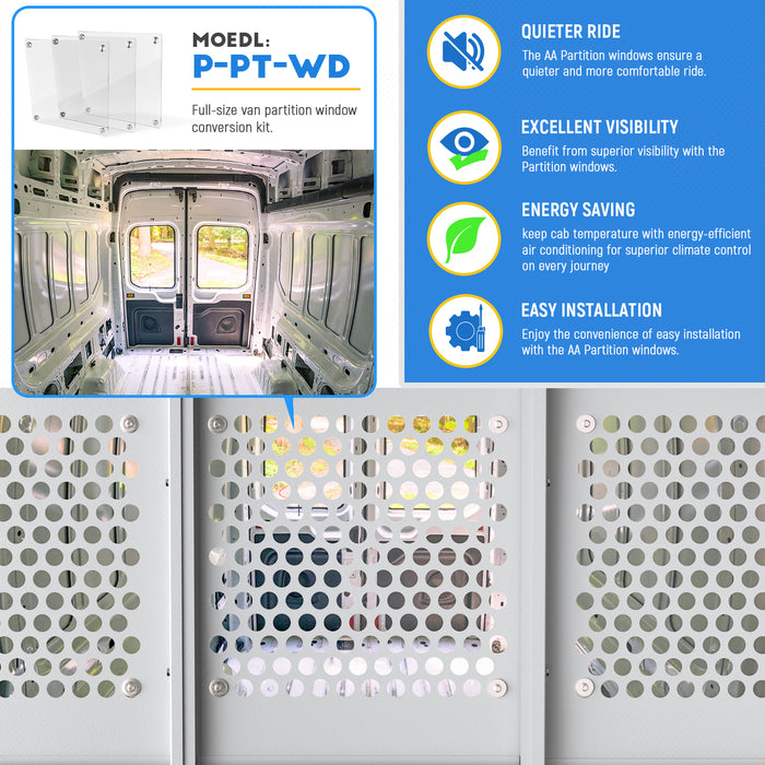 AA Products Model PT-PR-DKWB Steel Cargo Van Safety Partition Equipped with Acrylic Custom Window Board, High/Low Roof Protective Bulkhead with Door Kit Fit for ProMaster Full Size Vans