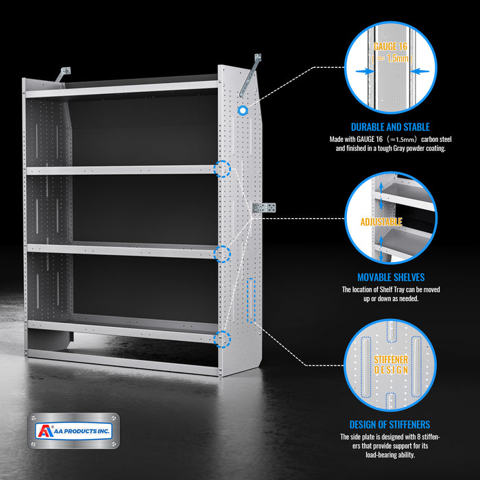 AA Products Model SH-6205(3) Steel Low/Mid/High Roof Van Shelving Storage System Fits Transit, ProMaster and Sprinter, 4 Tiers Set of 3 Van Shelving Units, 52''W x 62''H x 16''D