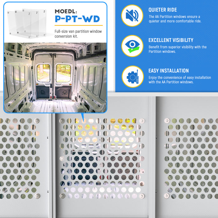 AA Products Model PT-TR-MR-WB Cargo Van Safety Partition Equipped with Acrylic Custom Window Board, Medium Roof Protective Bulkhead Fit for Transit Full Size Vans (PT-TR-MR-WB)