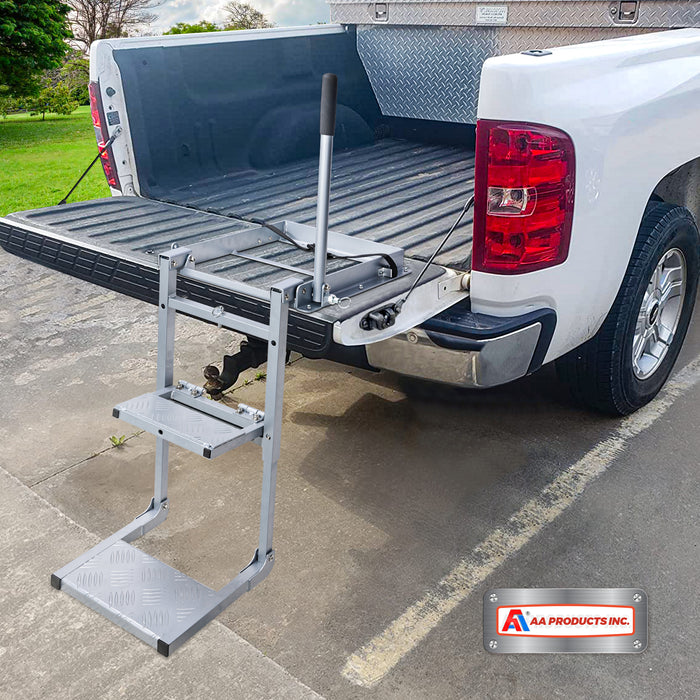 AA Products Aluminum Foldable Tailgate Ladder Rack with Two Step Pad Rung Retractable Truck Tailgate Step with Stable Handrail, Wide Pedals for Work Flatbed Trucks and Equipment Trailers Easy Install Capacity 300 lb (APT-03)