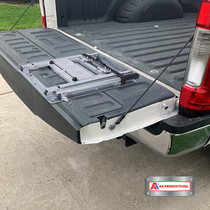 AA Products Aluminum Foldable Tailgate Ladder Rack with Two Step Pad Rung Retractable Truck Tailgate Step with Stable Handrail, Wide Pedals for Work Flatbed Trucks and Equipment Trailers Easy Install Capacity 300 lb (APT-03)