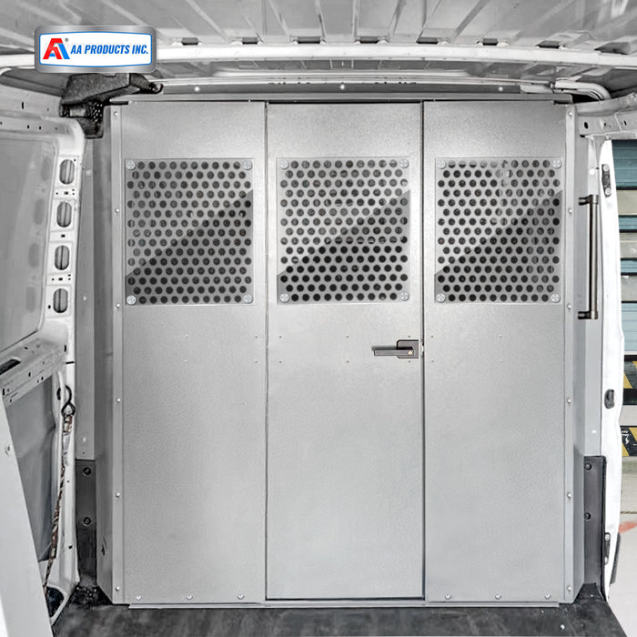 AA Products Model PT-PR-DKWB Steel Cargo Van Safety Partition Equipped with Acrylic Custom Window Board, High/Low Roof Protective Bulkhead with Door Kit Fit for ProMaster Full Size Vans